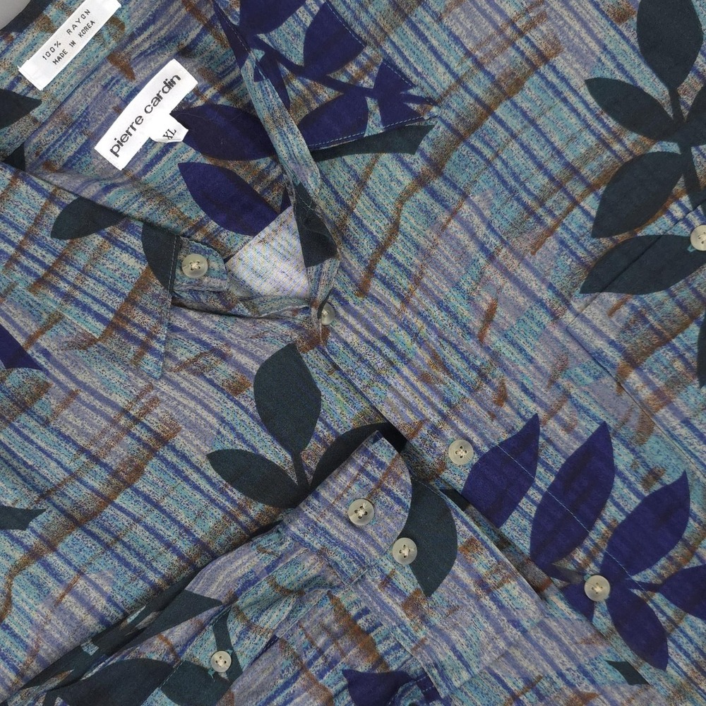 Pierre Cardin Shirt Mens XL Blue Leaf Print Rayon Button Up Long Sleeve Casual